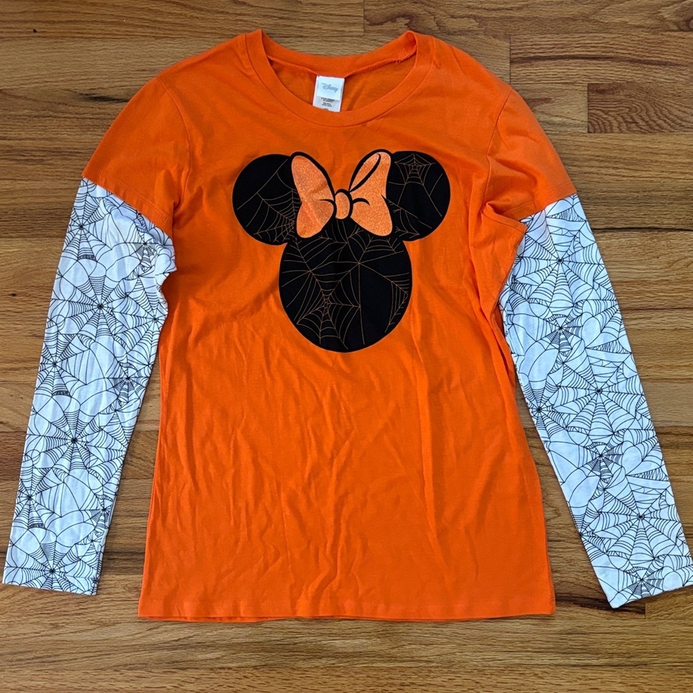 Disney Juniors Minnie Mouse Long Sleeve Tee Halloween Orange Black Sz XXL